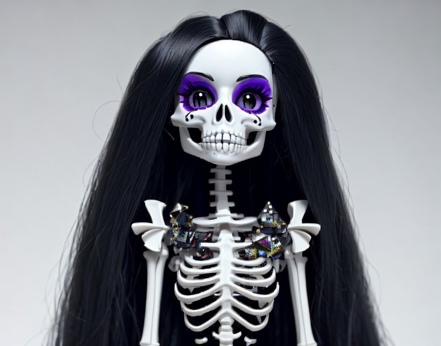 Skeleton Doll with Purple Makeup and Black Hair
