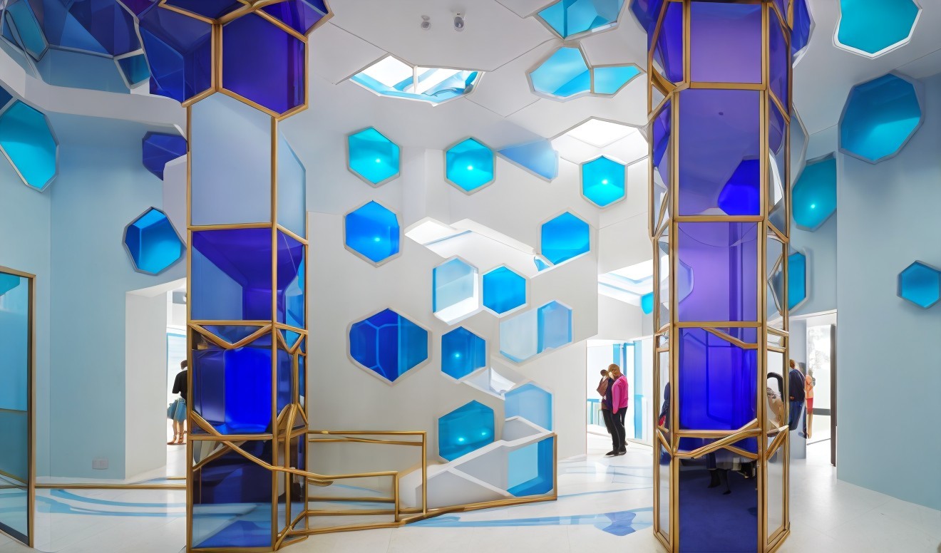 Vibrant Blue and Violet Hexagonal Interior Design