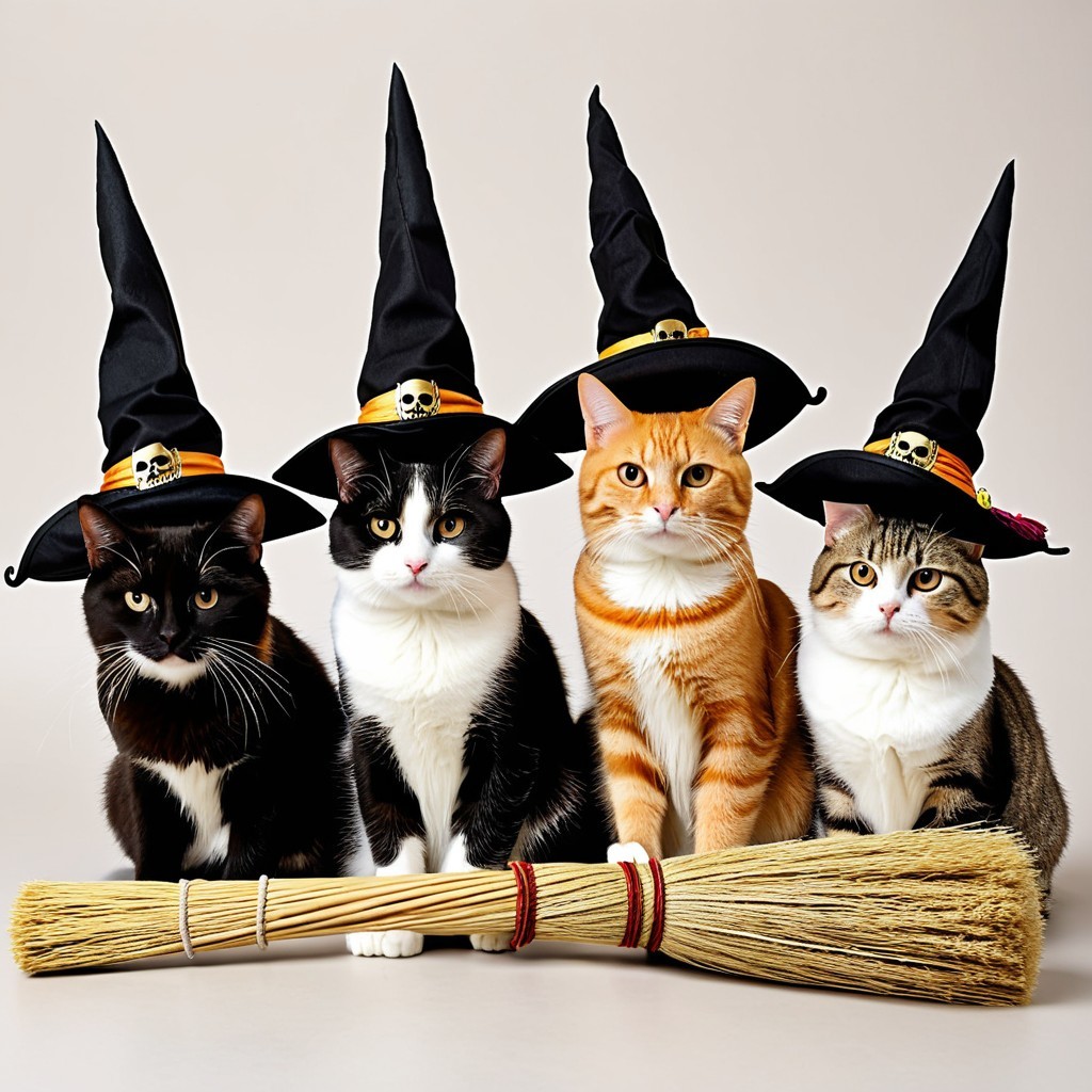 Cats in Witch Hats with Broom for Halloween Theme