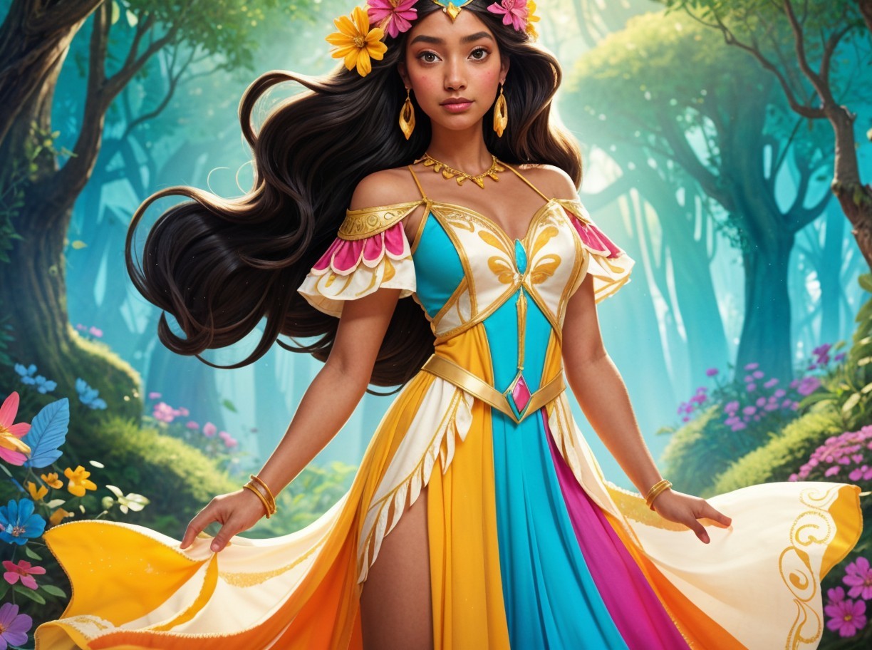 Young woman in colorful gown in vibrant forest setting