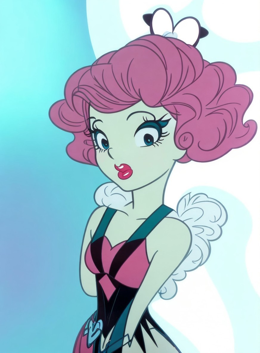 Stylized Cartoon Character with Pink Curls and Wings