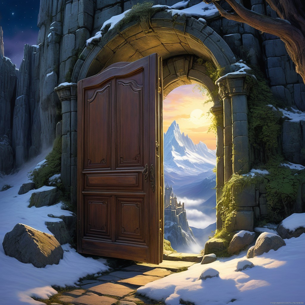 Ornate Wooden Door to Vibrant Mountainous Landscape