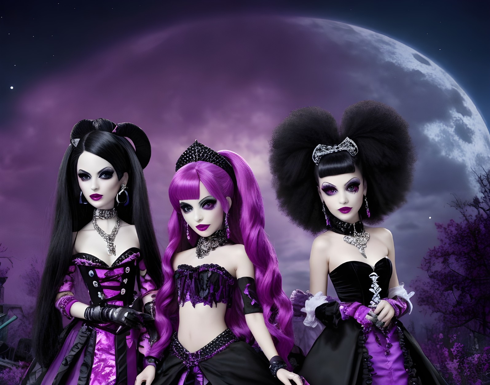 Three Elegant Dolls with Distinct Gothic Styles