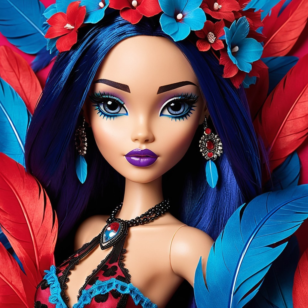 Vibrant Doll with Blue Hair and Floral Accents