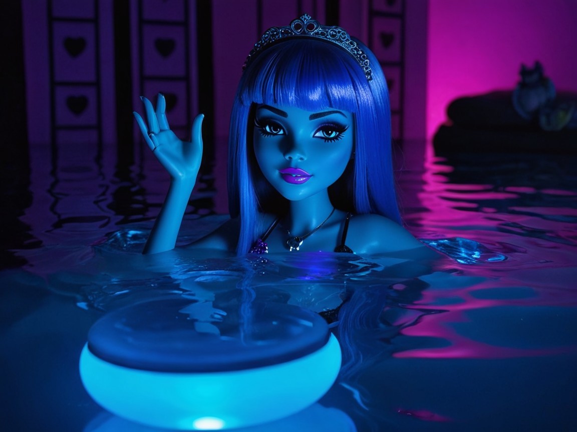 Vibrant Blue Doll in Shimmering Pool Setting