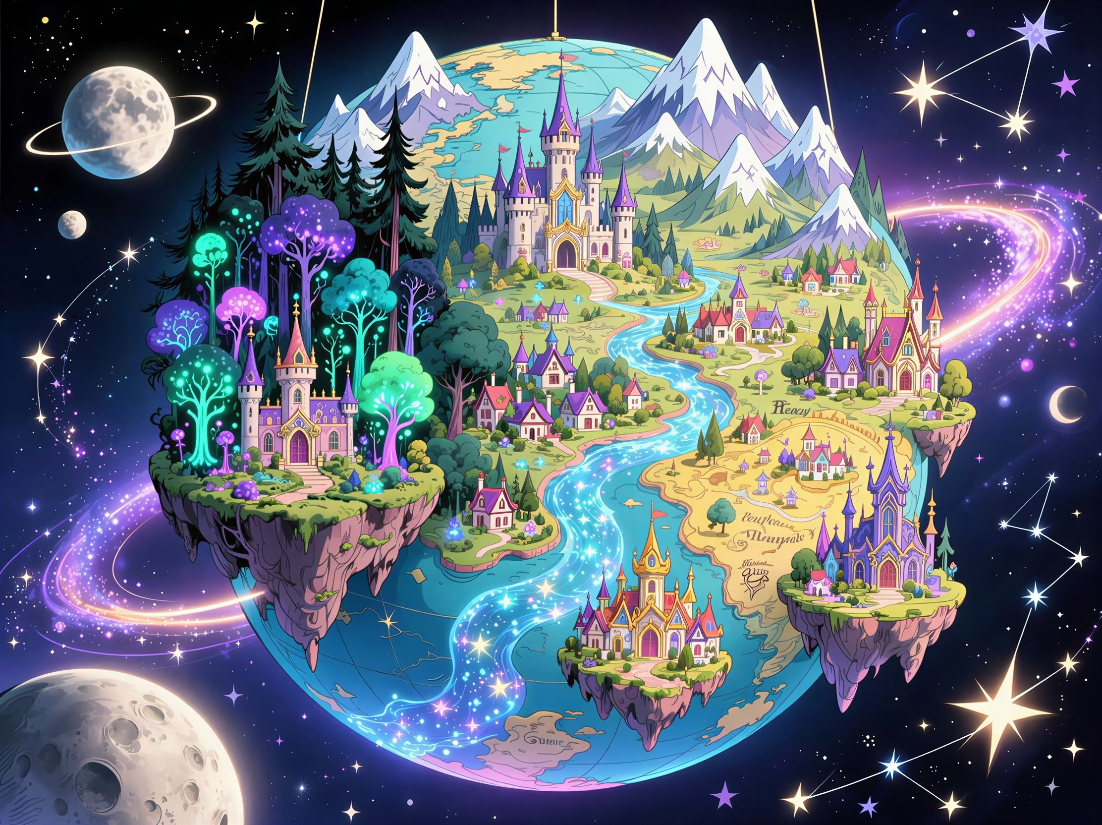 Floating Islands Globe with Moons and Aurora Ring