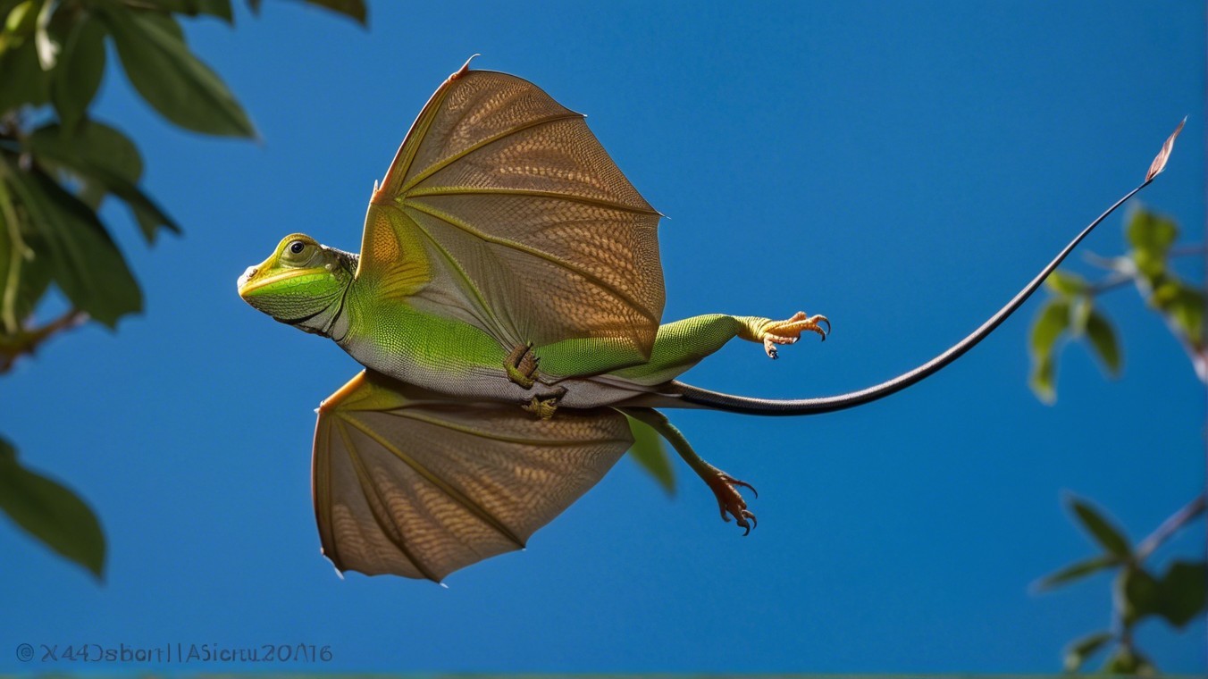 Vibrant Green Lizard Gliding Through Blue Sky