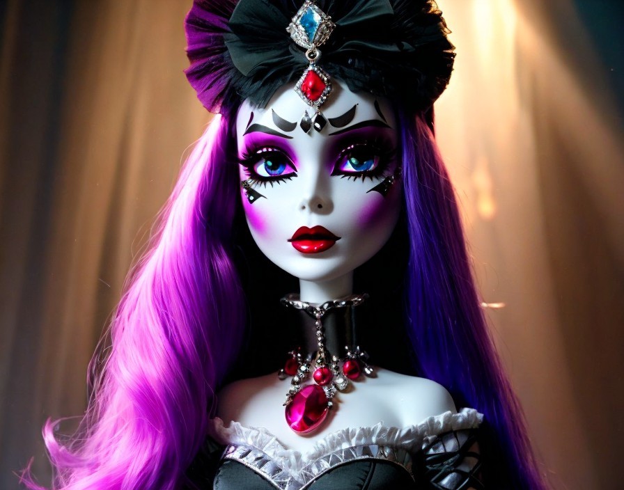 Elegant doll with purple hair and dramatic makeup