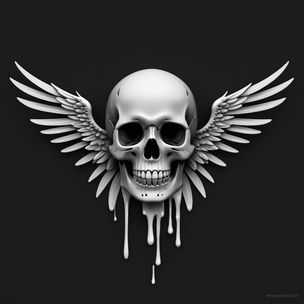 Stylized White Skull with Glossy Wings and Drips