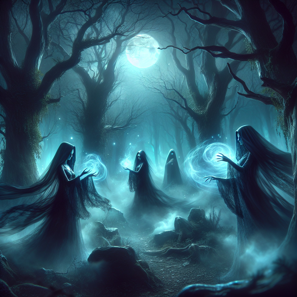 Spectral Figures in a Misty Forest Under Moonlight