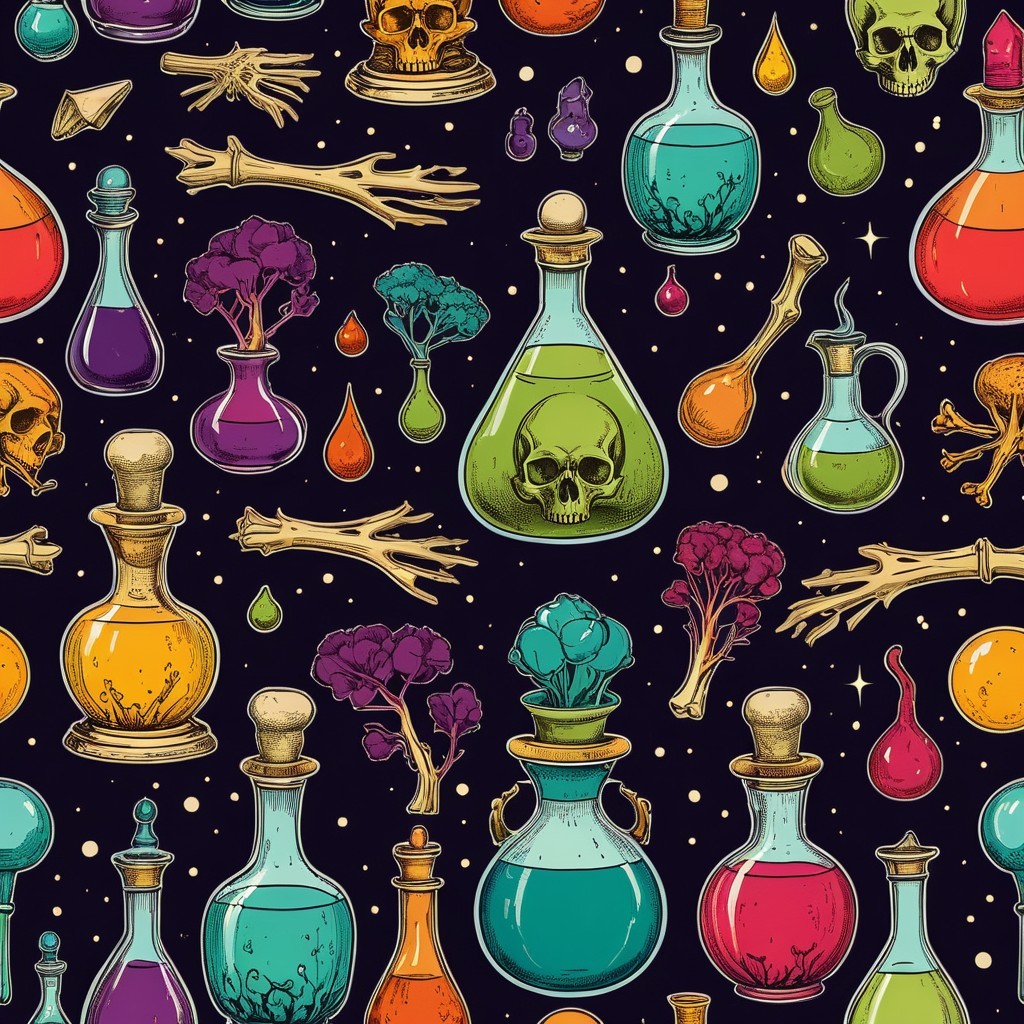 Colorful Potion Bottles in Whimsical Pattern Design