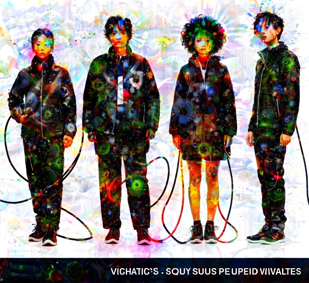 Four Individuals in Dark Outfits with Abstract Patterns