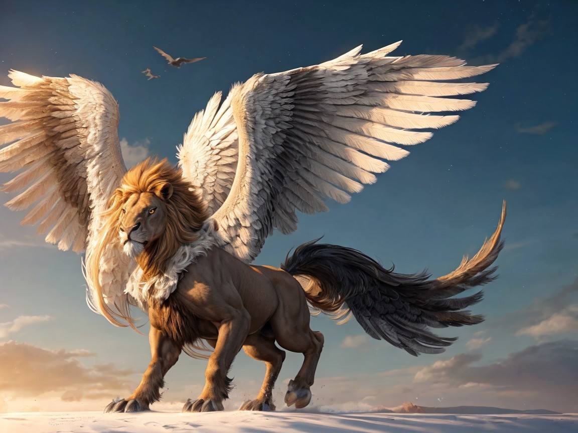 Majestic Lion-Winged Creature on Sandy Terrain