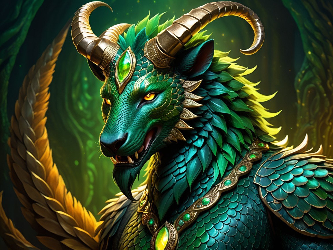 Majestic mythical creature with vibrant green scales
