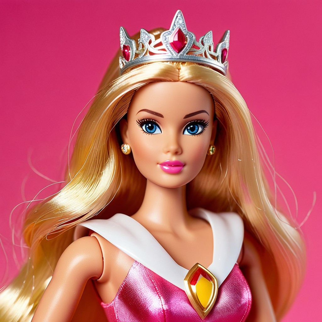 Glamorous doll in pink gown with elegant hairstyle