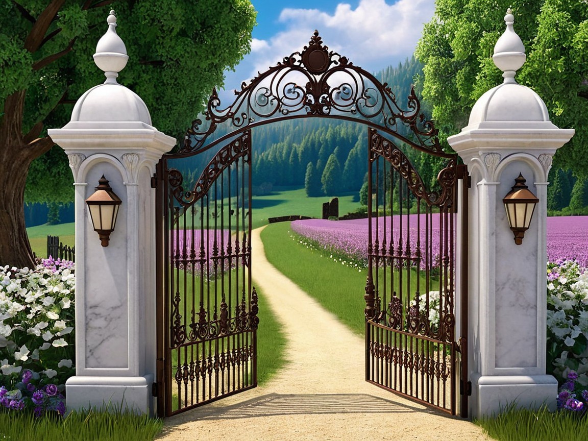 Wrought-Iron Gate with Lush Greenery and Flowers