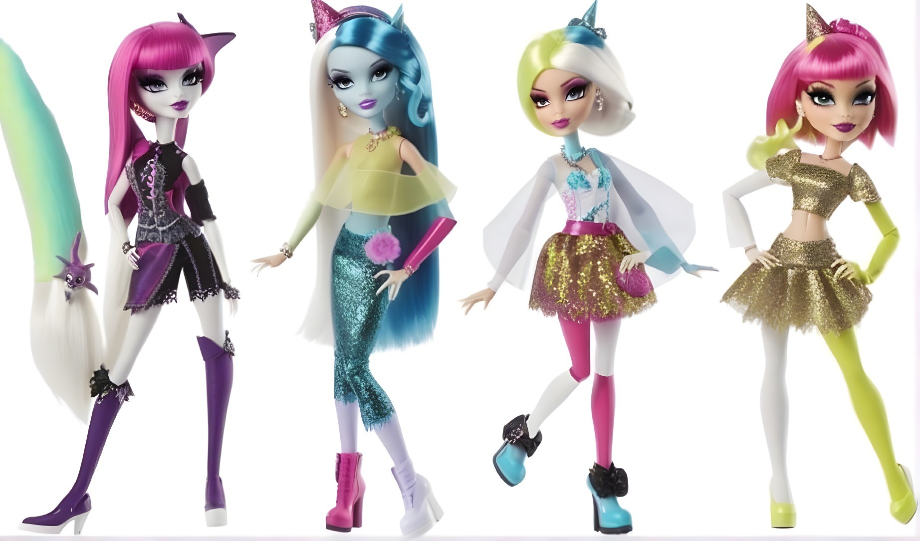 Four Stylish Dolls Display Unique Fashion Ensembles
