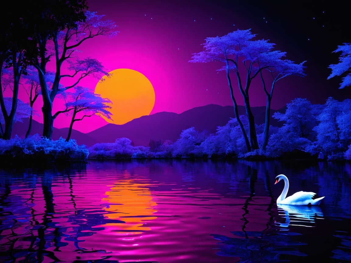 Surreal Landscape with Sunset and Reflective Lake