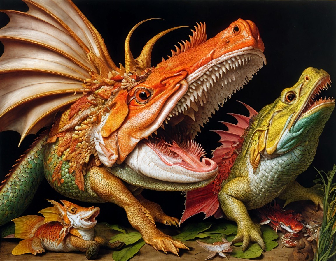 Oversized Lizard Creatures in a Fantastical Scene