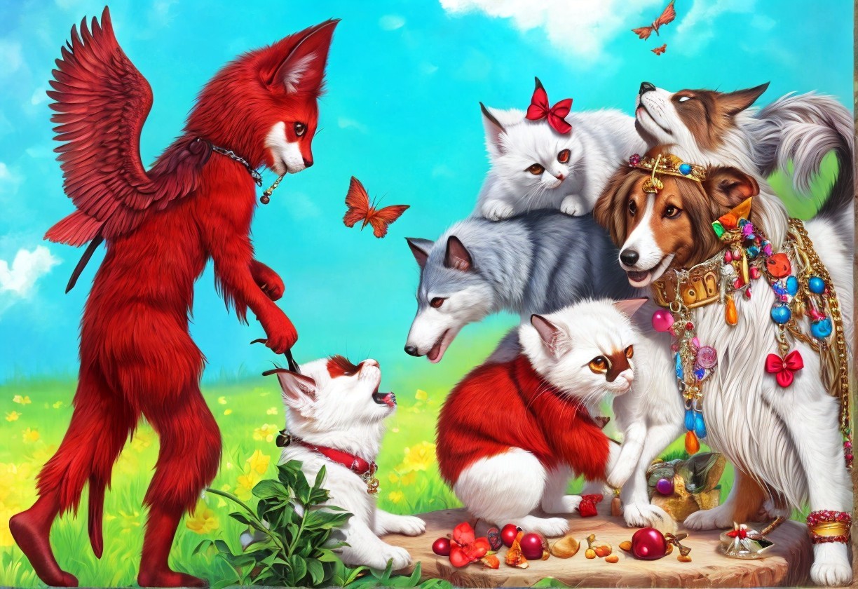 Whimsical Scene of Fox with Wings and Charming Animals