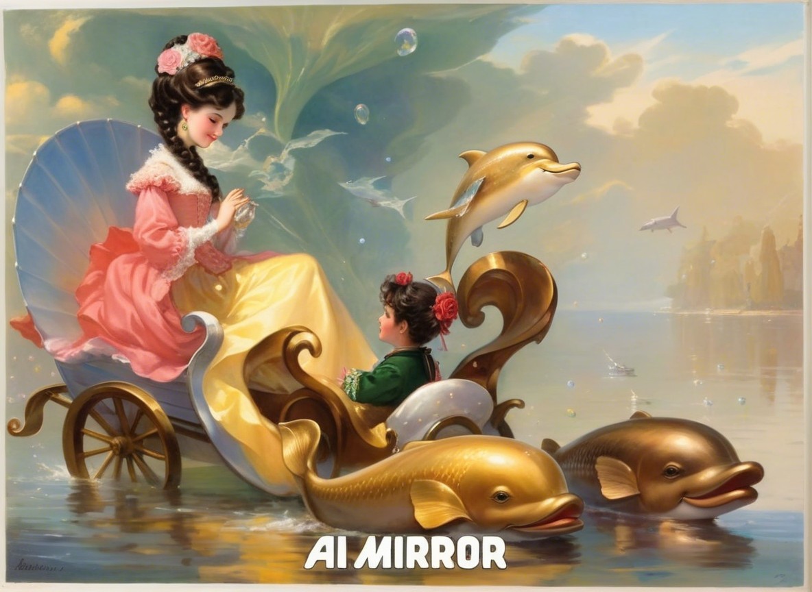 Whimsical Scene of Woman in Pink Gown and Dolphins