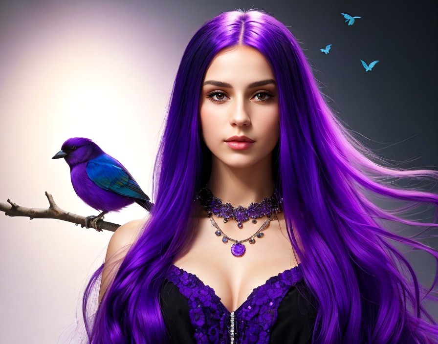 Woman with Purple Hair and Black Outfit in Enchanted Scene