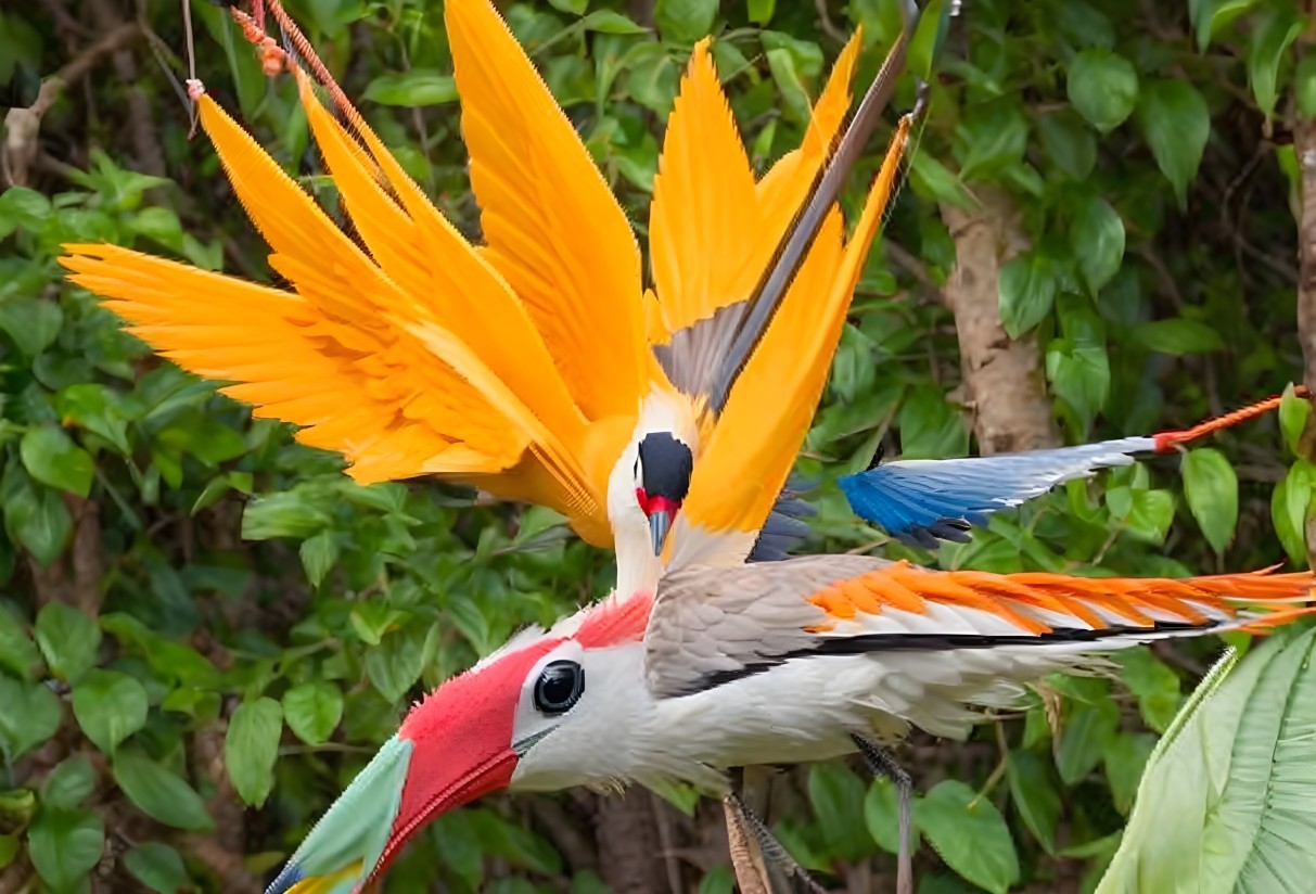 Vibrant Birds with Striking Plumage in Green Backdrop