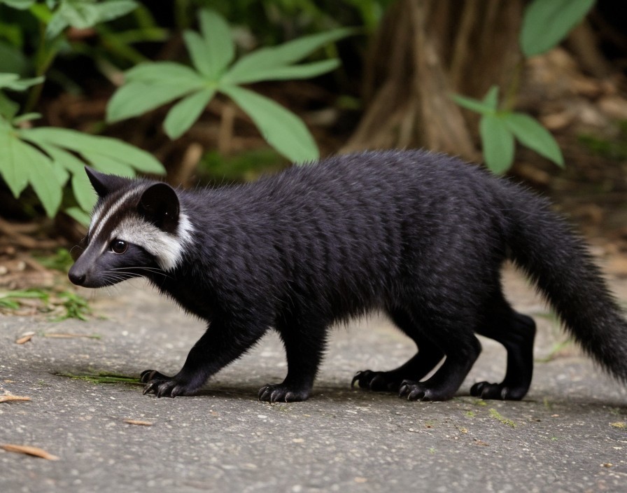 Black creature with white stripe in green foliage