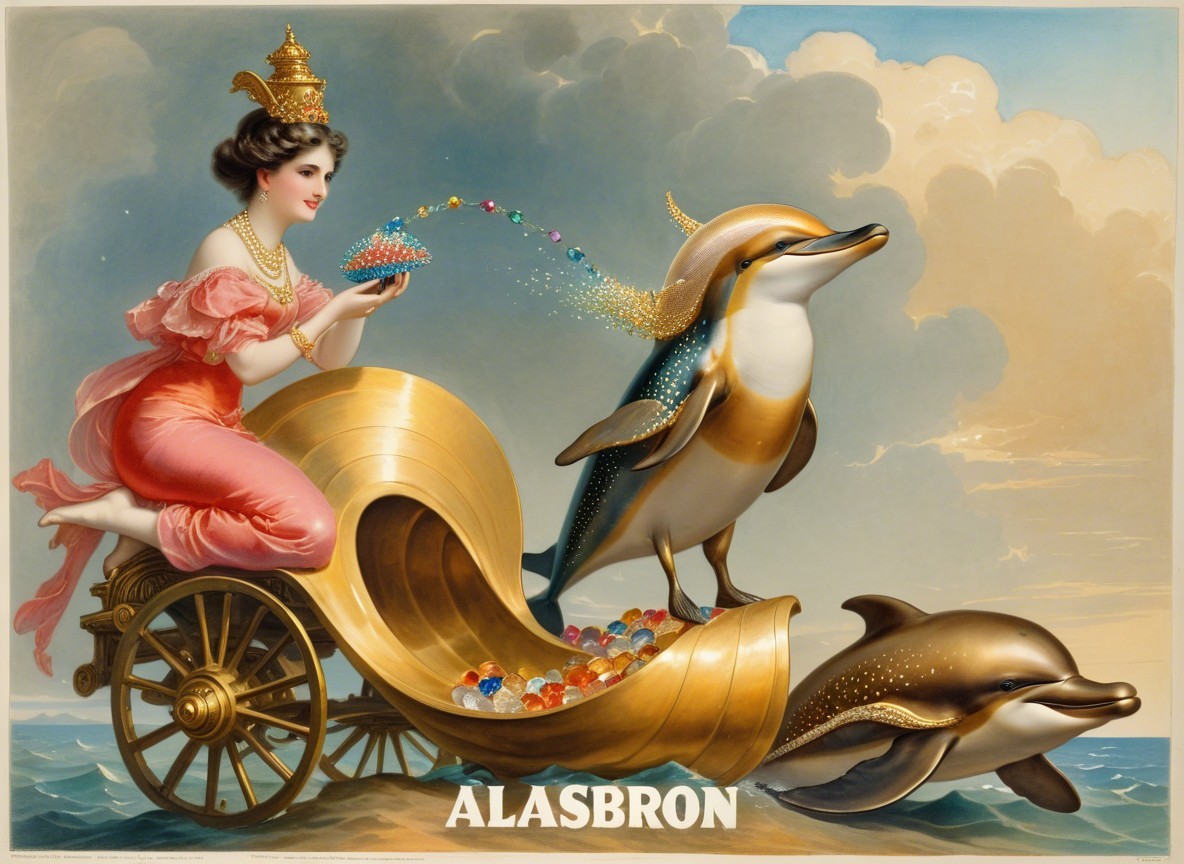 Regal Woman in Pink Gown on Golden Dolphin Cart