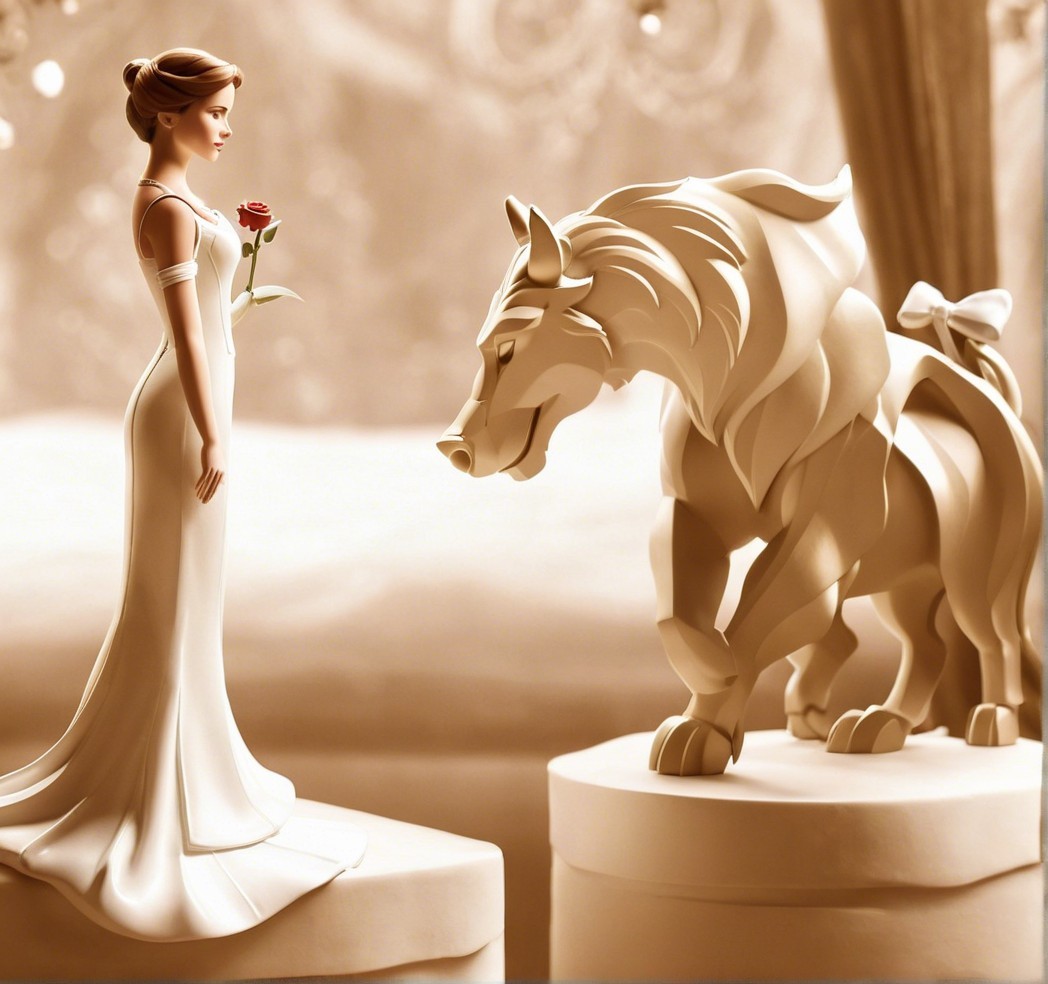 Elegant woman with wolf in soft-toned sculpture