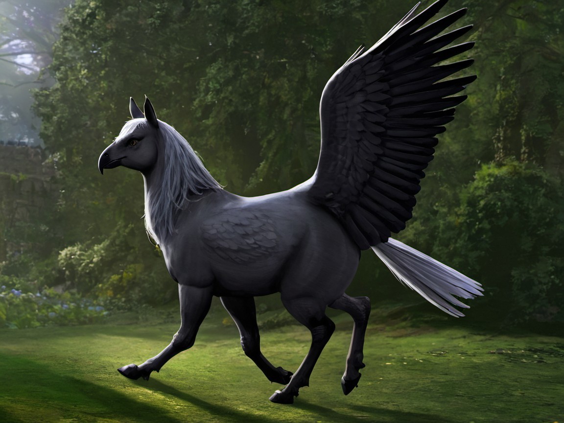 Majestic Black Griffin in a Lush Green Forest