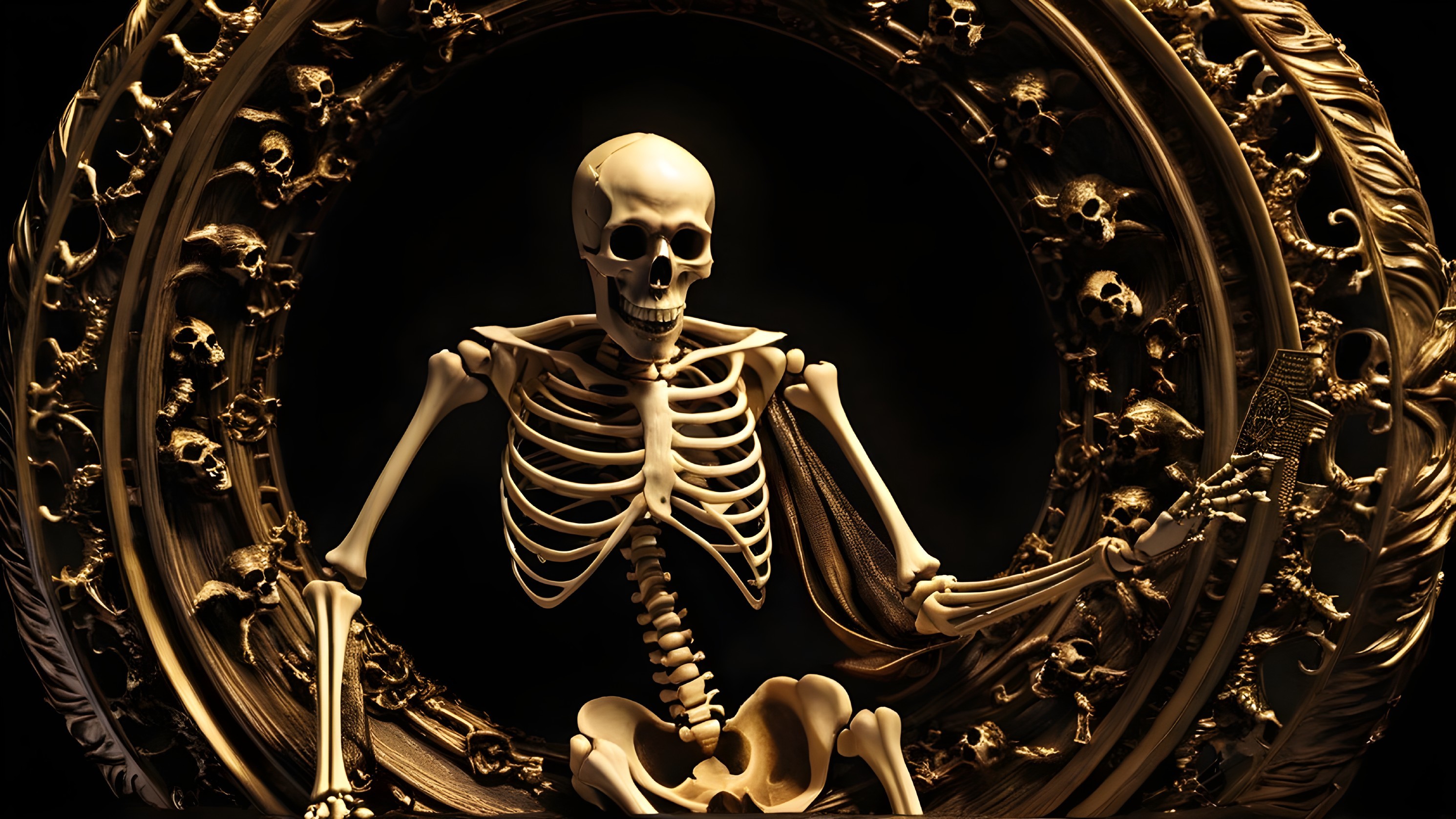 Skeletal Figure in Ornate Gilded Frame with Skulls