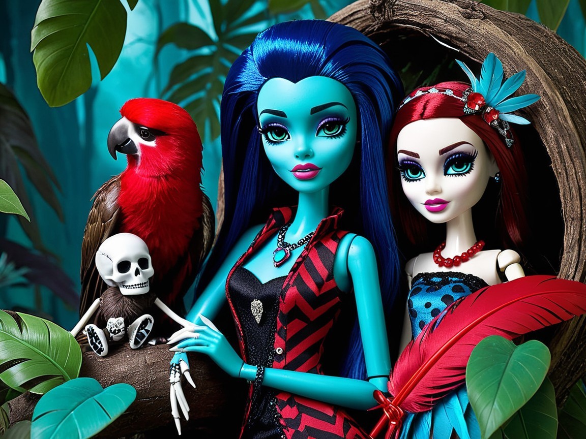 Dolls in Jungle with Macaw and Whimsical Elements