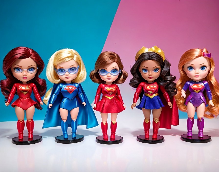 Colorful superhero dolls with unique designs and poses