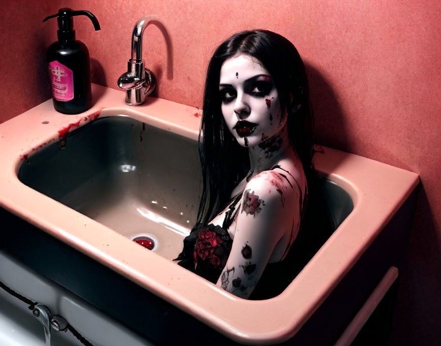 Gothic Figure in Vintage Sink with Red Splatter