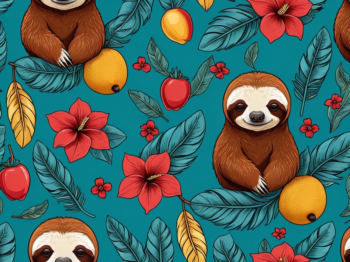 Whimsical Sloth Pattern in Tropical Foliage Design