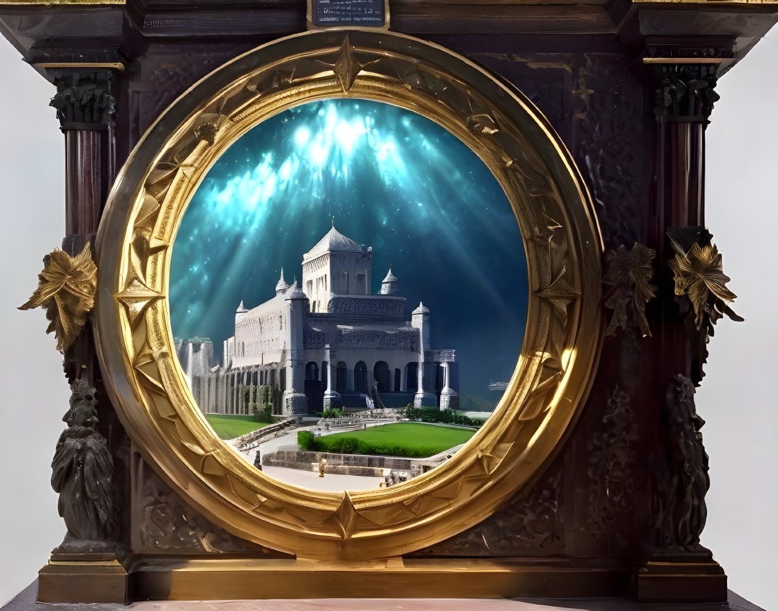 Majestic castle in ornate golden frame with dramatic sky