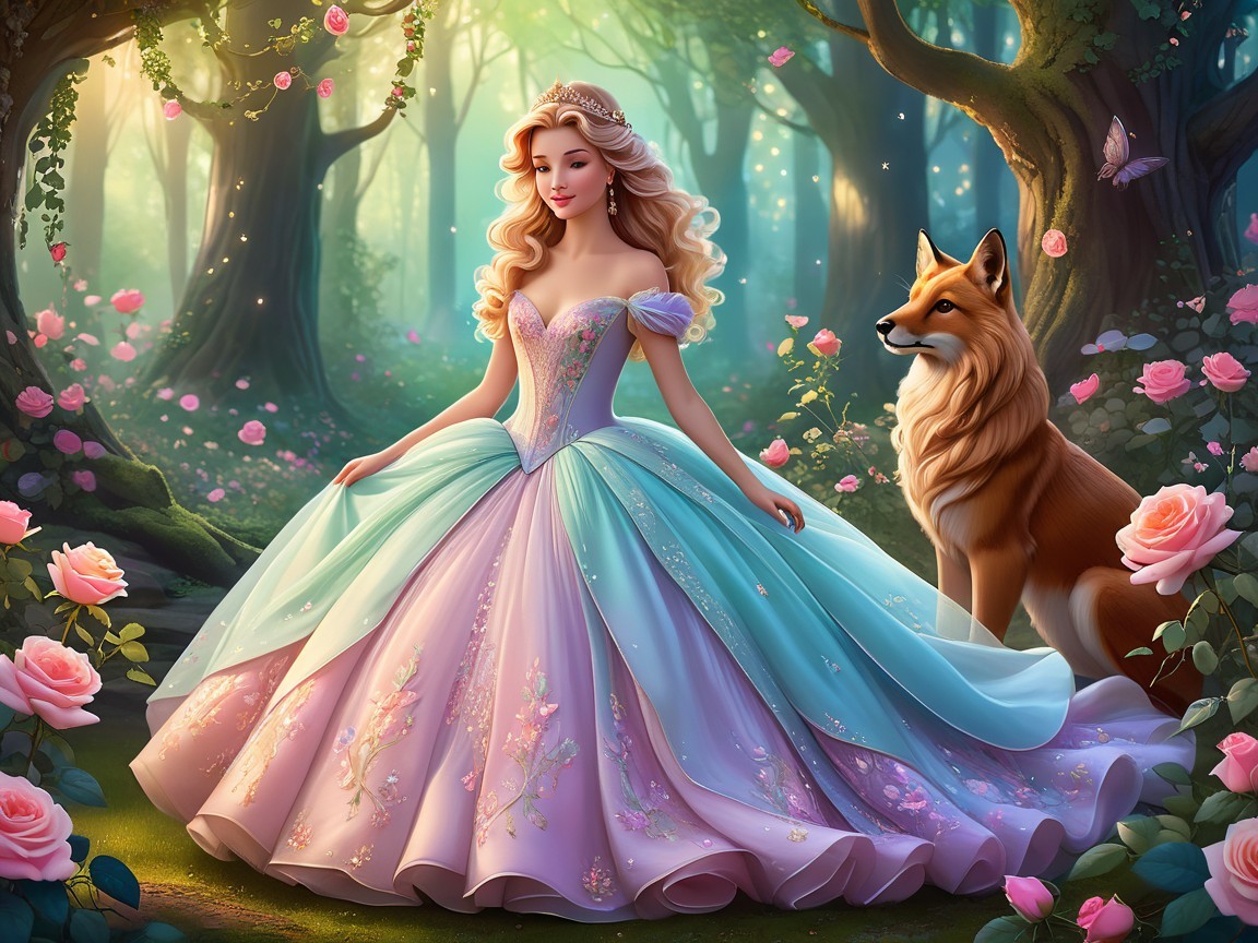 Princess in a magical forest with roses and a fox