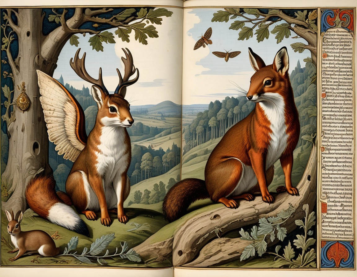 Whimsical Scene with Fantasy Animals in Nature