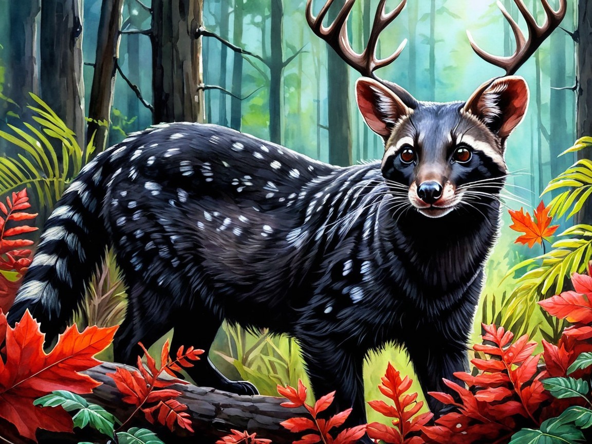 Fantastical Creature with Antlers in Forest Setting