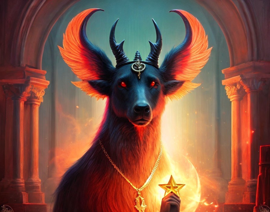 Mystical Goat Figure with Fiery Horns and Radiant Light