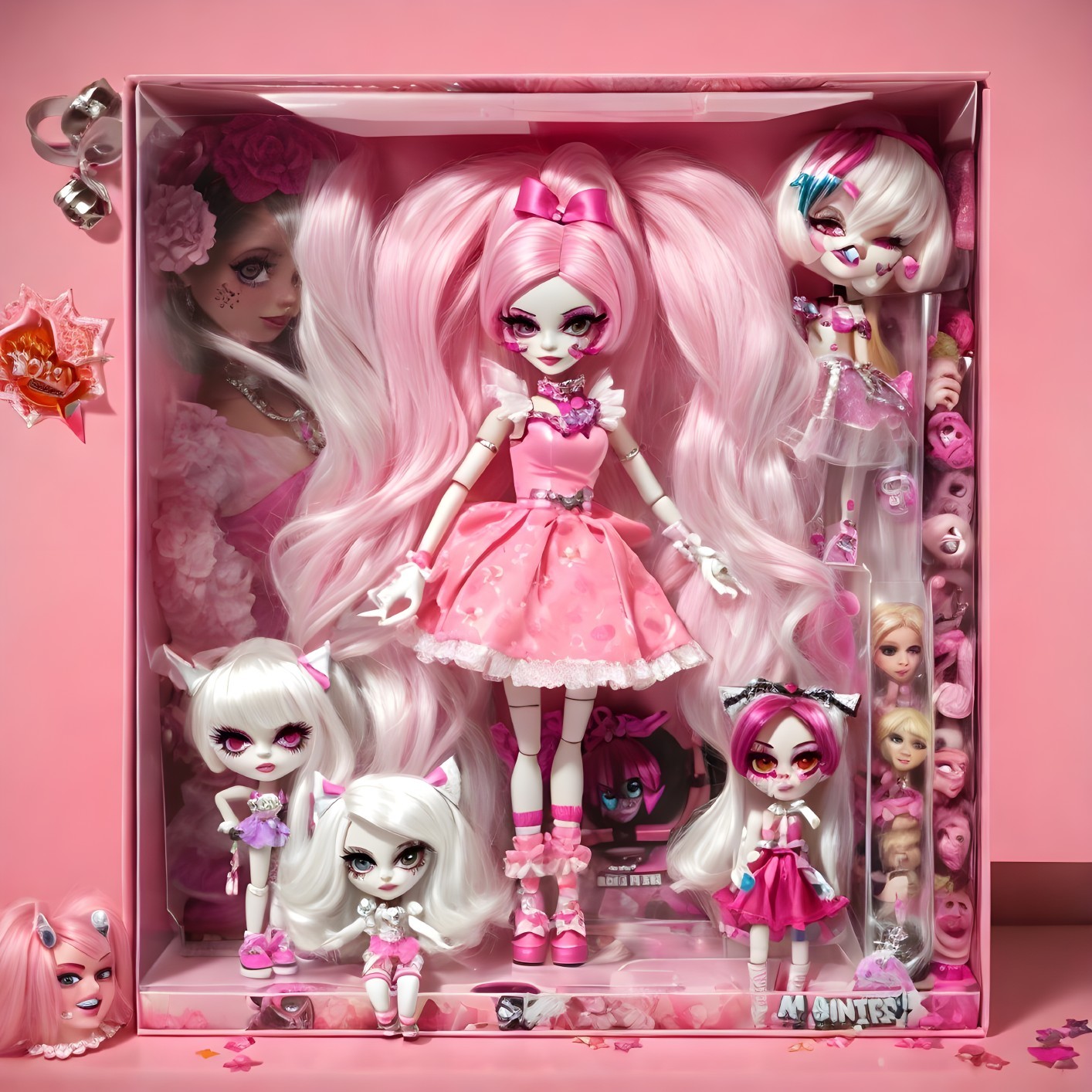 Vibrant Pink-Themed Doll Set in Clear Display Box