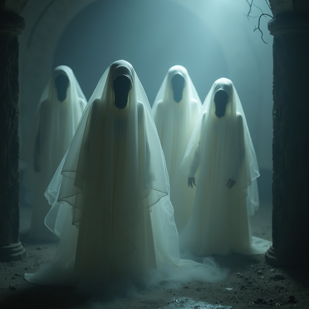 Four Veiled Figures in Eerie Dim Light
