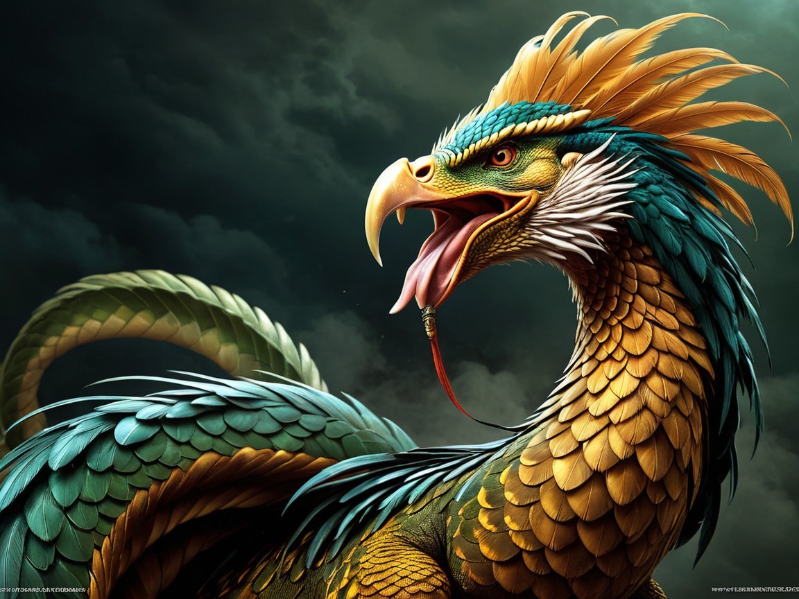 Mythical bird with vibrant blue, green, and gold feathers