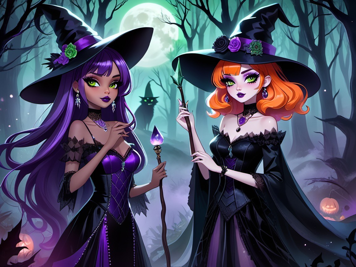Stylish Witches in a Moonlit Forest Setting