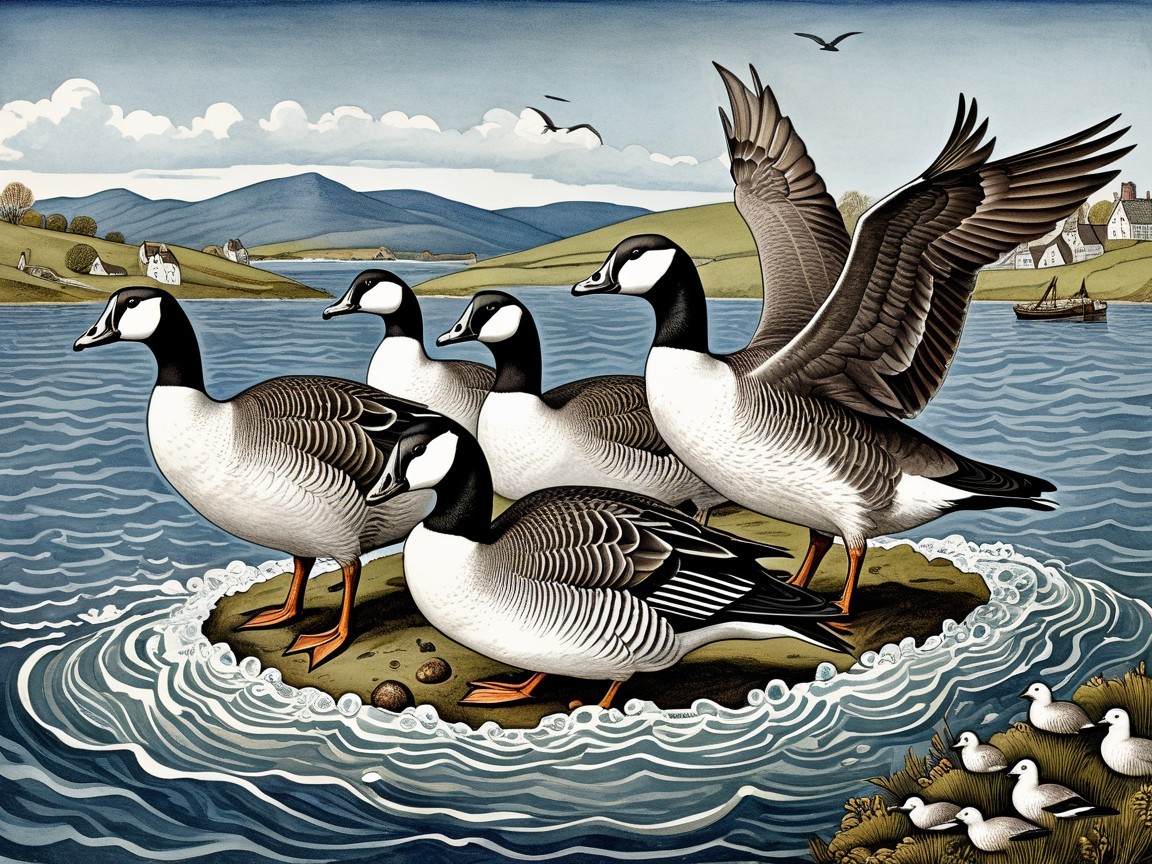 Elegant Geese on Island in Serene Landscape