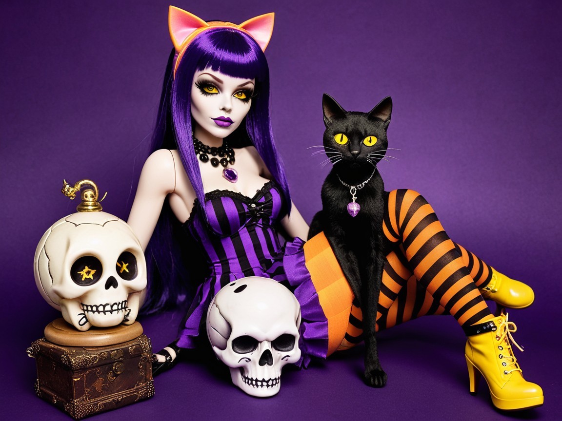 Purple and Black Striped Outfit with Cat and Skulls