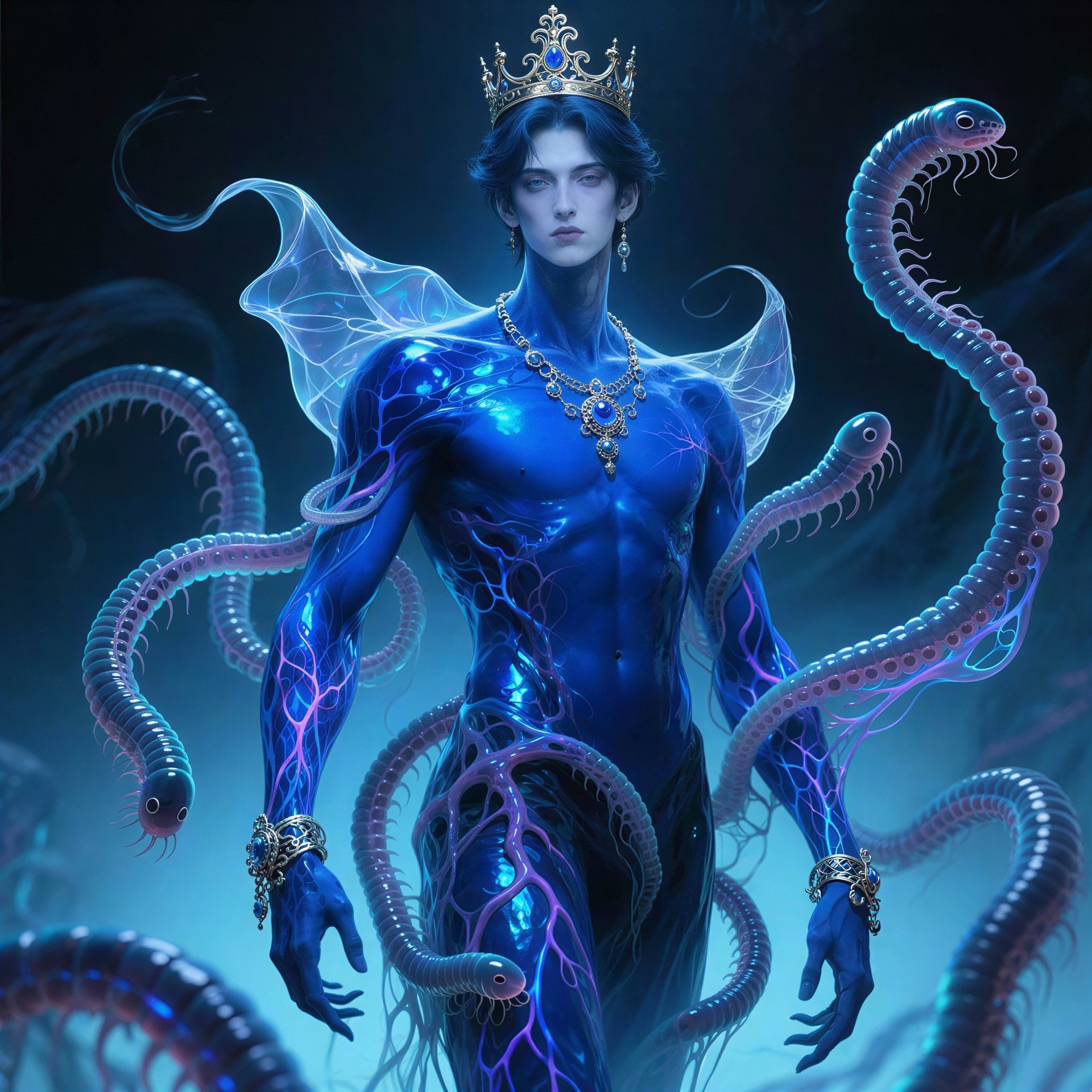 Majestic mythical water god with glowing centipedes
