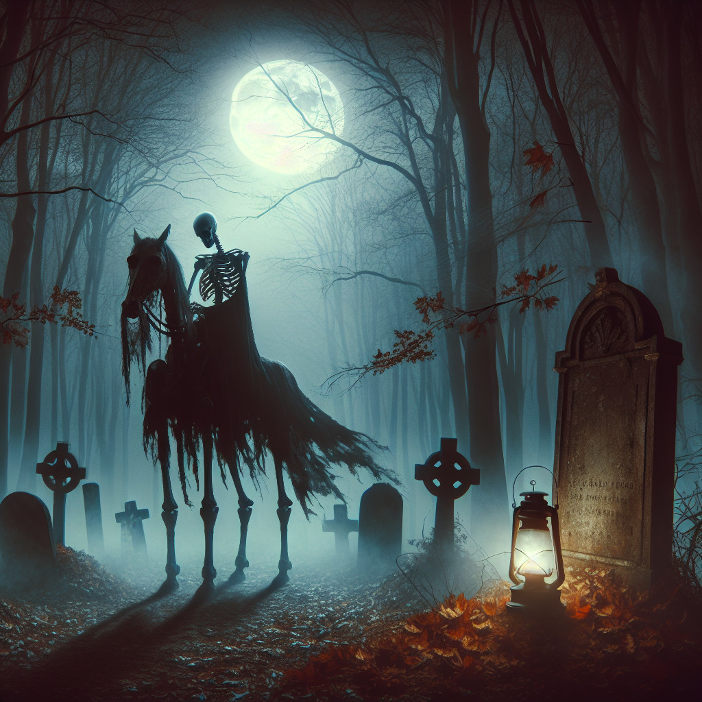 Skeletal Figure on Ghostly Horse in Misty Graveyard