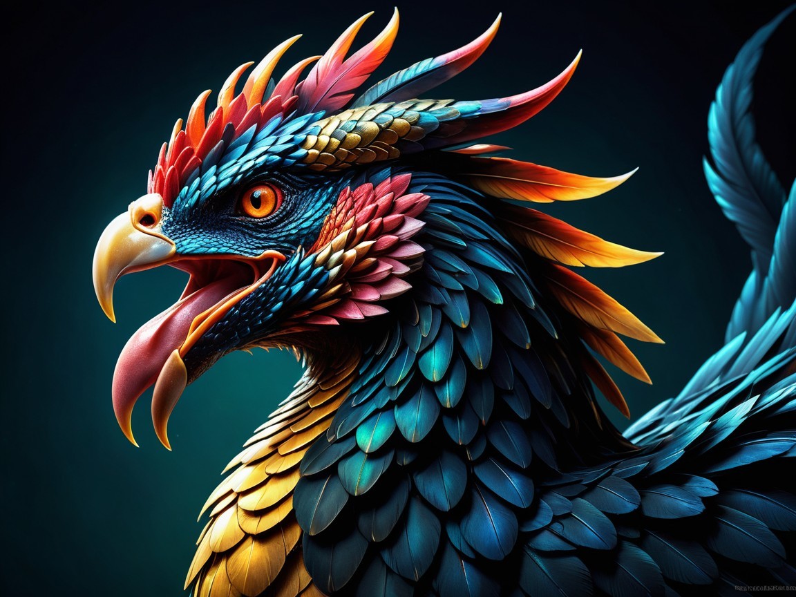 Vibrant Mythical Creature with Colorful Scales and Feathers